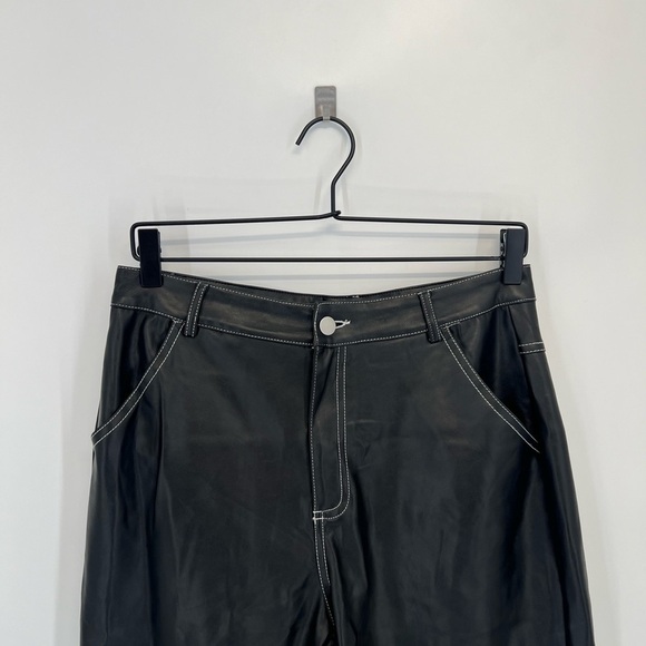 Pretty Garbage Loose Faux Leather Contrast Stitching Straight Leg Pants In Black - Picture 1 of 9